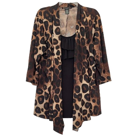 Suzie In The City Ruffle Blouse Waterfall Cardigan Animal Print 2-in-1 Top 2X - Picture 1 of 10